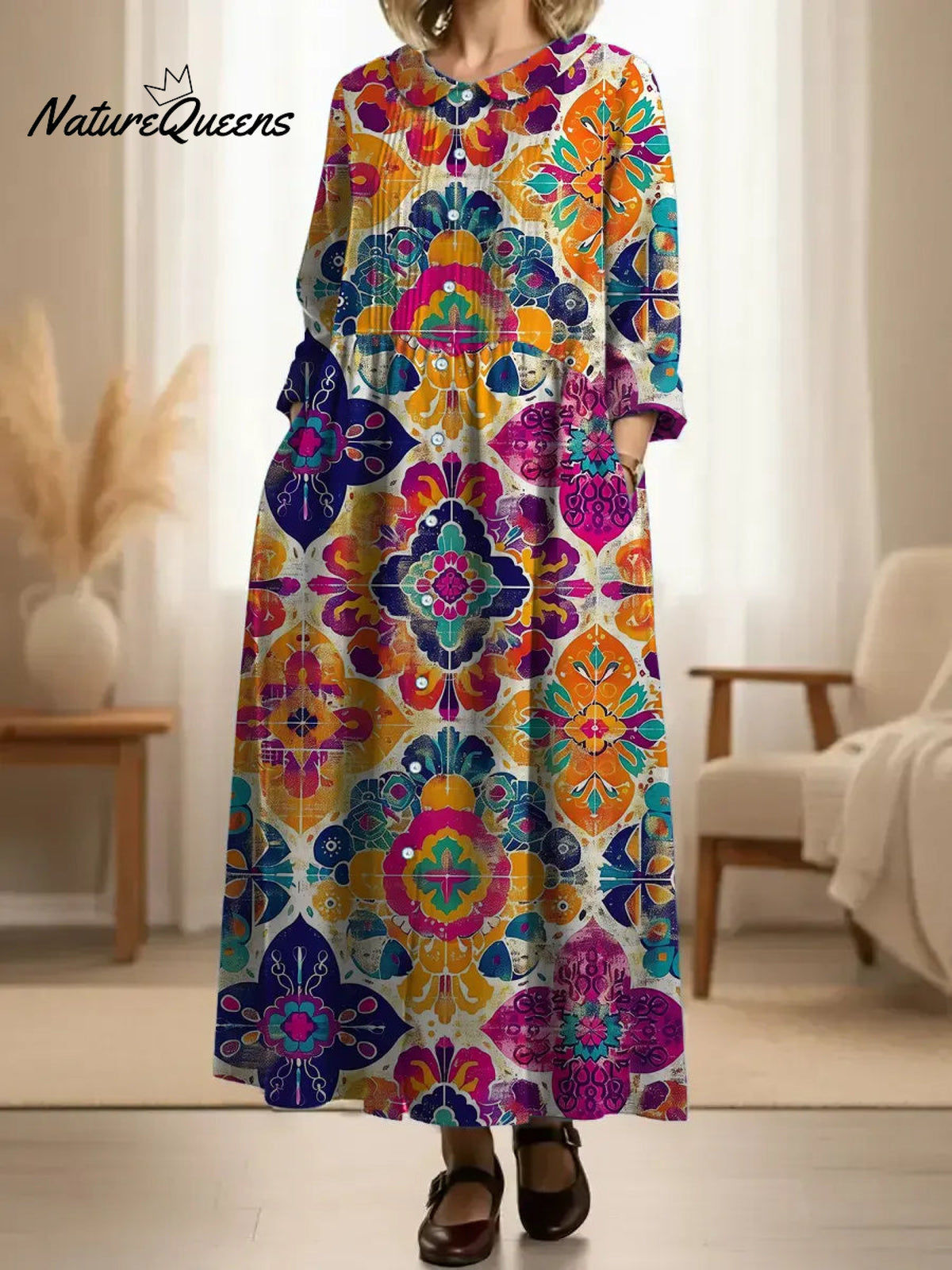 Women's Pleated Retro Geometric Floral Patterns Print Doll Collar Casual Long-sleeved Dress