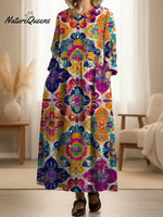 Women's Pleated Retro Geometric Floral Patterns Print Doll Collar Casual Long-sleeved Dress