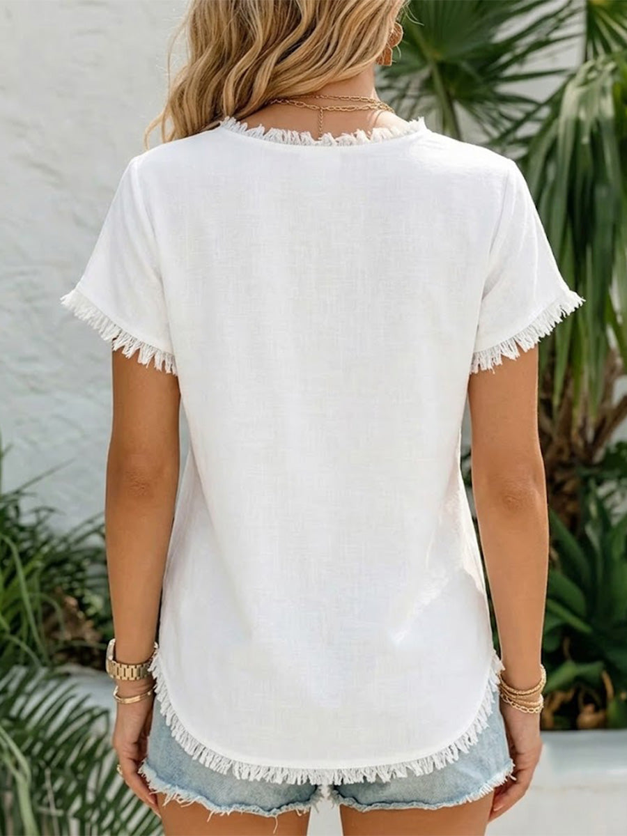 V-neck Fringe Trim Cotton-linen Blend Casual Top