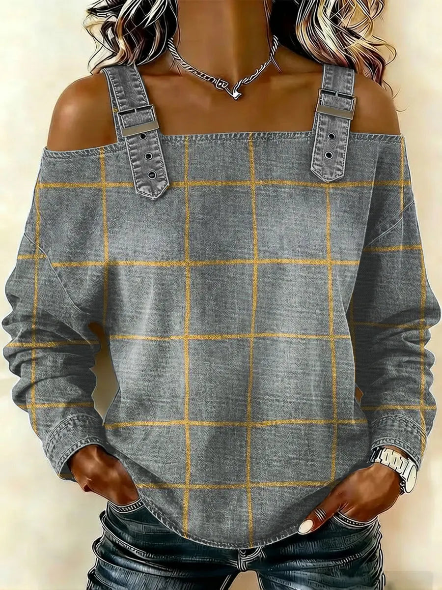 Women‘s Plaid Pattern Art Print Casual Cotton Denim Shirt