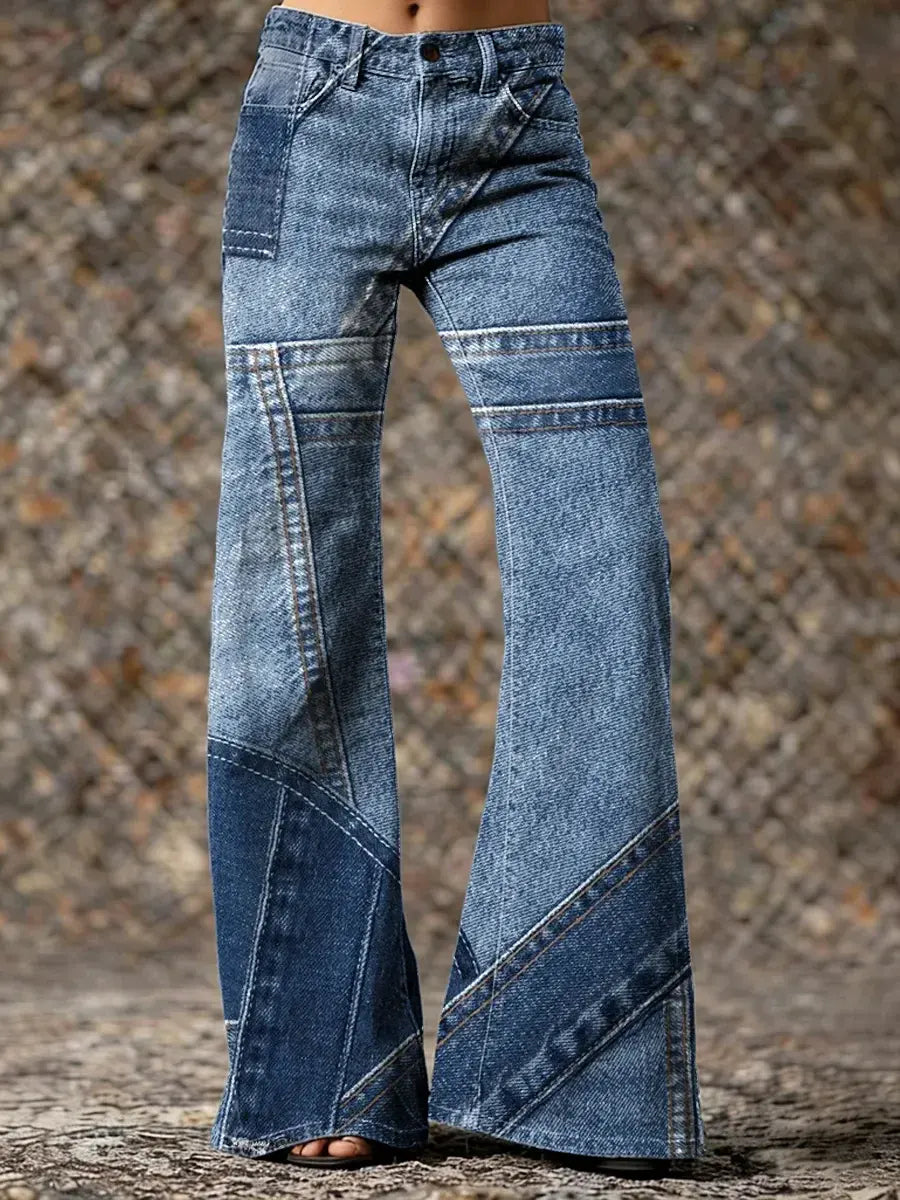 Women's Vintage Pattern Art Print Casual Cotton Denim Jeans