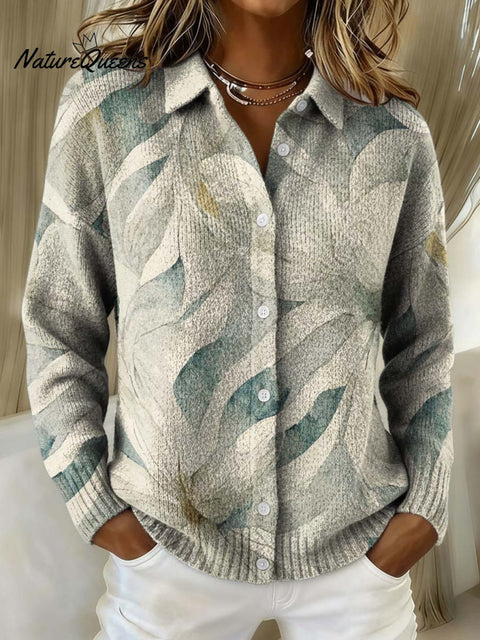 Gradient Floral Decorative Pattern Casual Shirt Collar Long Sleeve Sweater
