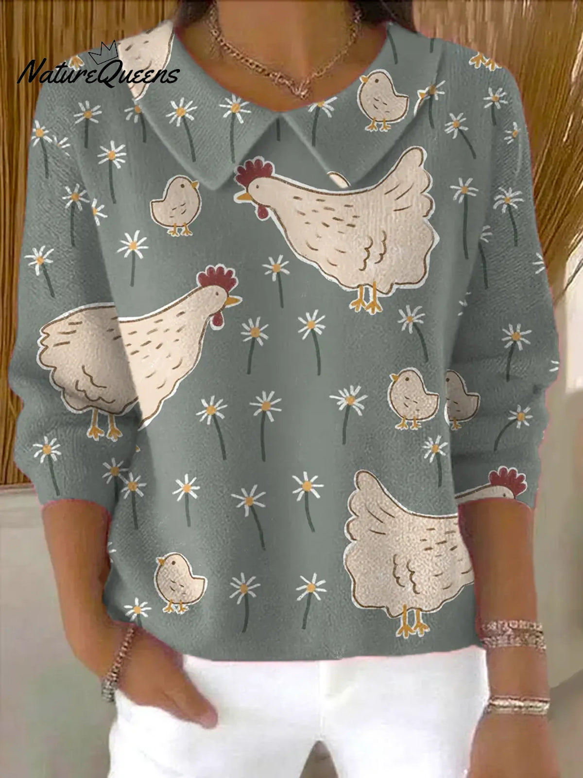 Women'sCute Chick Print Casual Peter Pan Collar 3/4 Sleeve Sweater