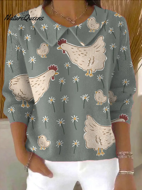 Women's  Cute Chick Print Casual Peter Pan Collar 3/4 Sleeve Sweater