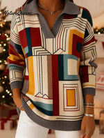 Women's VintageGeometric Lines Art Print Casual Sweater
