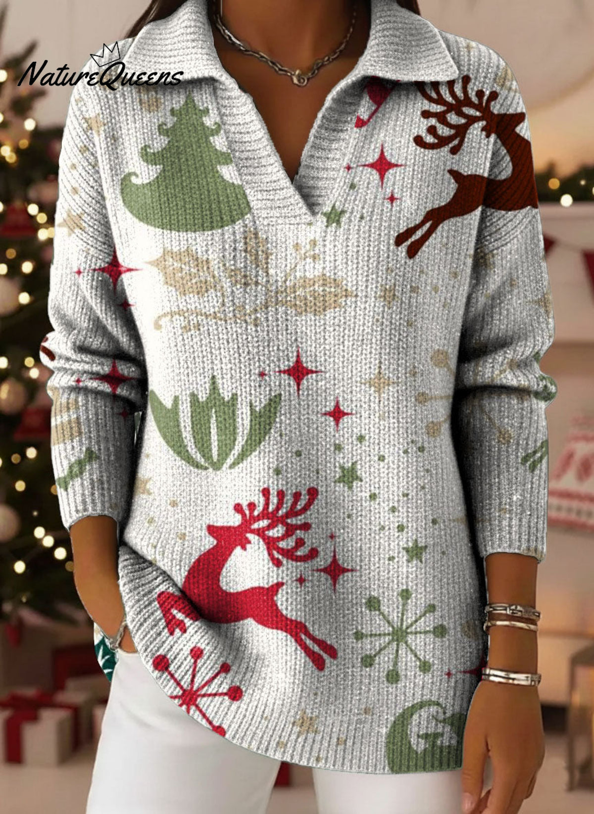 Retro Christmas Snowflake Art Pattern Polo Collar Shiny Loose Sweater Top