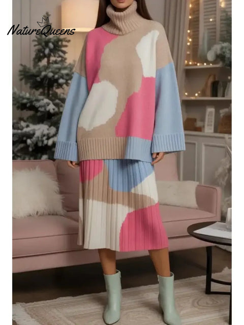 Women's Art Print Turtleneck Sweater and Skirt Two-Piece Set