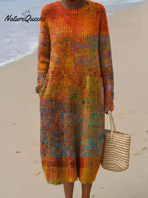 Retro Art With Weathered Gradient Printed Round Neck Knit Dress