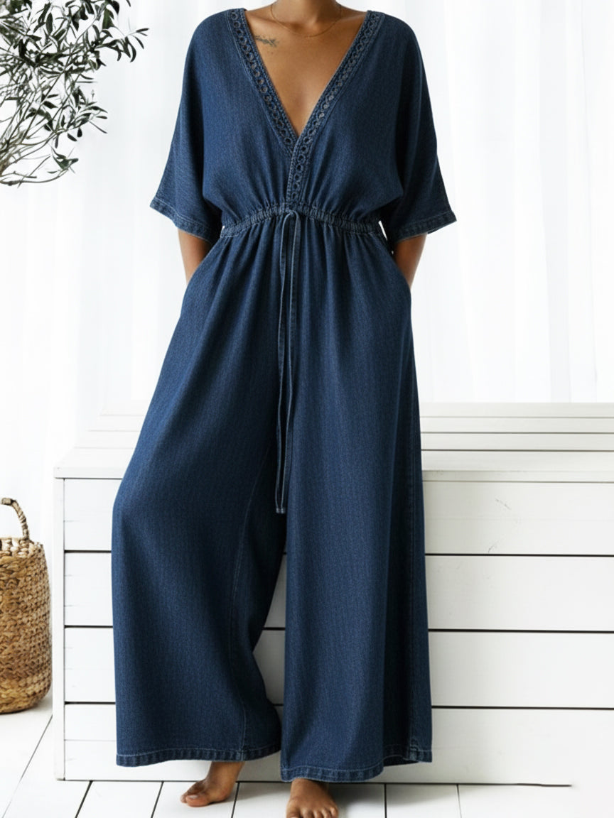 Casual V-neck Loose-fitting Drawstring Waist Denim Jumpsuit