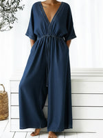 Casual V-neck Loose-fitting Drawstring Waist Denim Jumpsuit