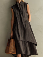 Dark Brown Linen Cotton Two-piece Midi Dress Set (stand Collar Sleeveless Tunic + Lined Skirt)