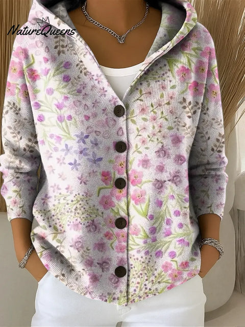 Women's Pink Floral Printed Casual Hooded Button Sweater