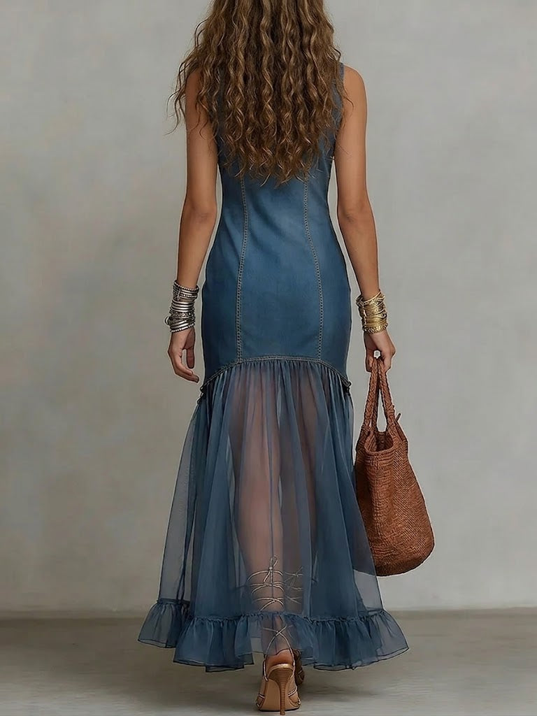 Casual Slim-fit Spliced chiffon & Denim Sleeveless Maxi Dress