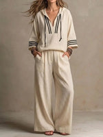 Women's Casual Relaxed Hoodie And Wide-leg Pants Cotton-linen Set