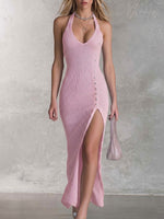 Halter-neck Knitted Slim-fit Maxi Dress With Side Slit