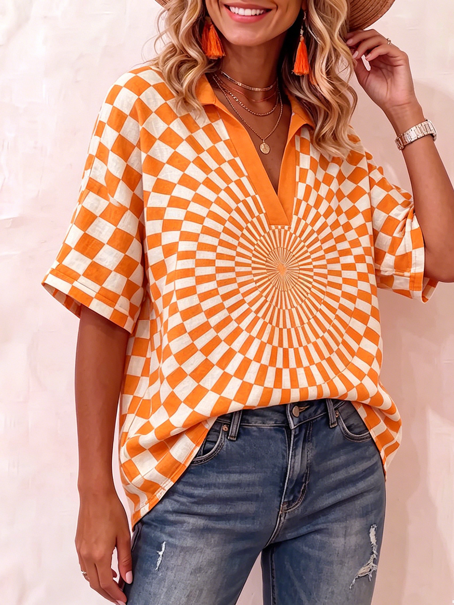 Trendy New Street-style Checkerboard Print Cotton-linen Shirt
