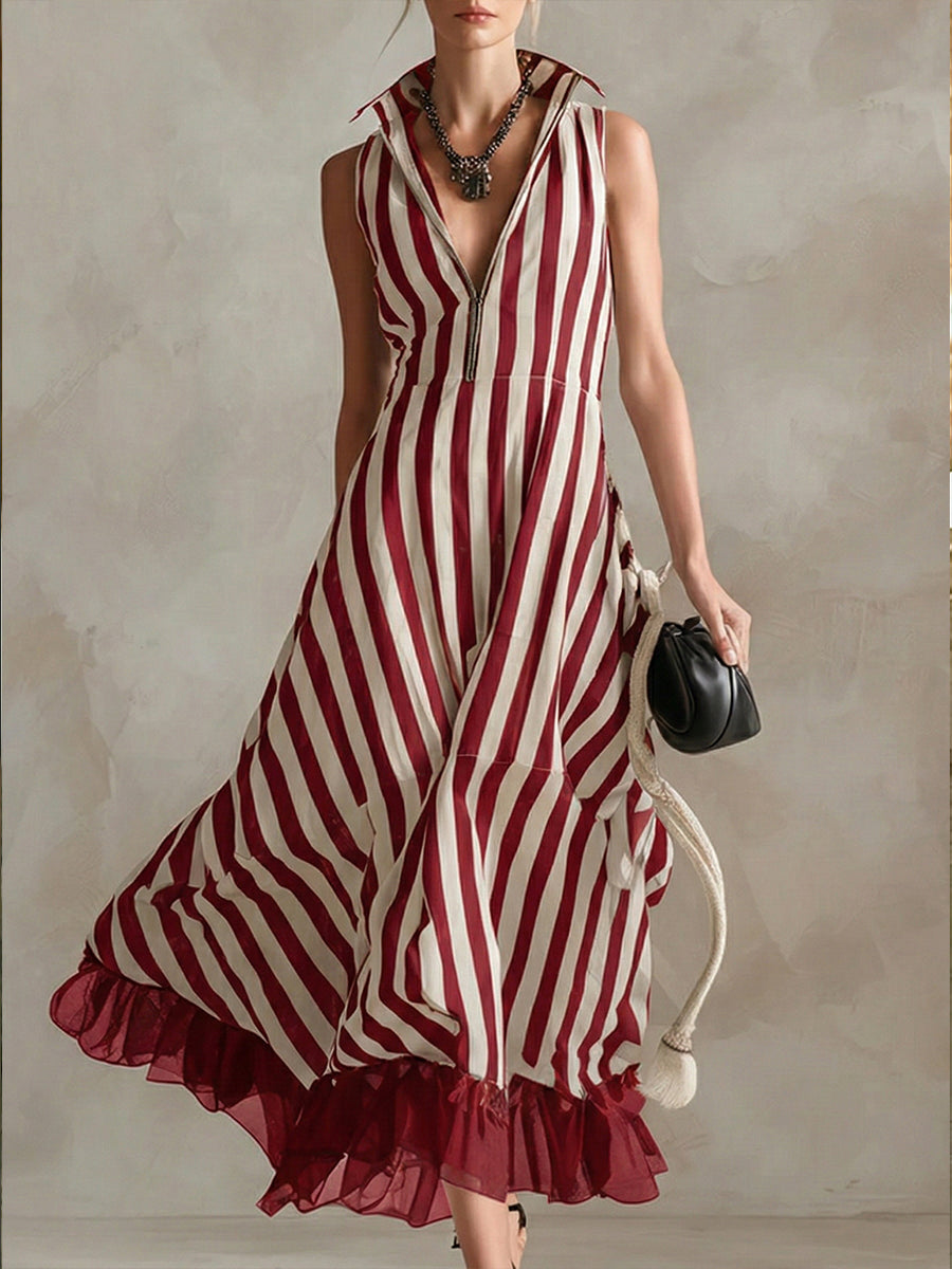 Fashionable Striped Chiffon Patchwork Sleeveless Linen Cotton Dress