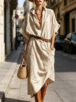 Women's Lapel Art Short Sleeve Casual Cotton And Linen Dress