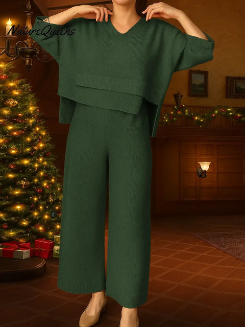 Women's Solid Color V-Neck Three-Quarter Sleeve Casual Loose Knit Top and High-Waisted Knit Wide-Leg Pants Set