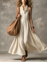 Women's Simple Relaxed High-collar Cotton-linen Dress