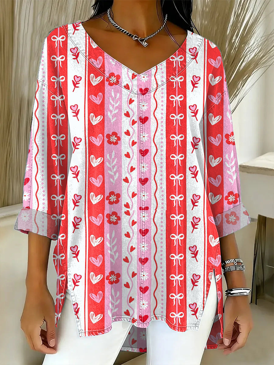 Women's Valentine's Day Heart Art Print Casual Washed Denim Cotton Top
