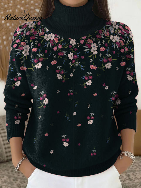 Elegant falling flowers decorative pattern Stand Collar Sweater