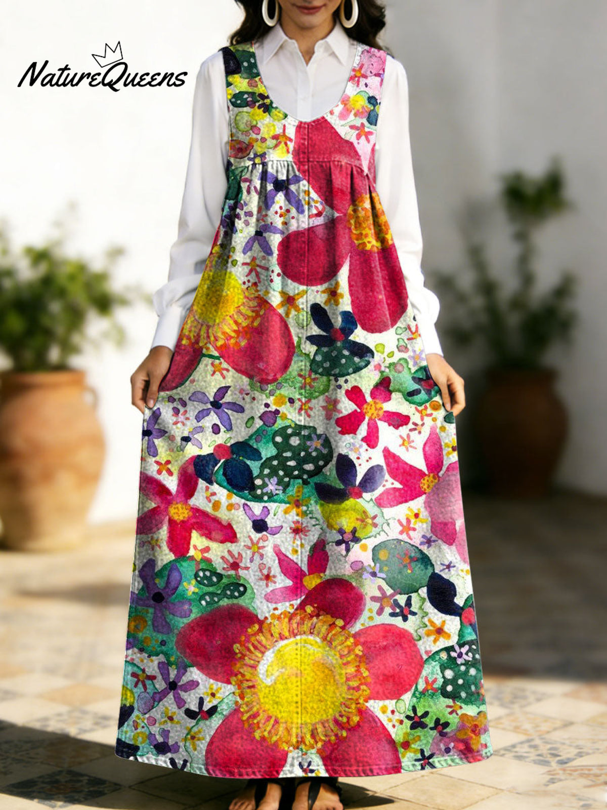 Women's Retro Colorful Flowers Pattern Art Print Casual Cotton Denim Dress