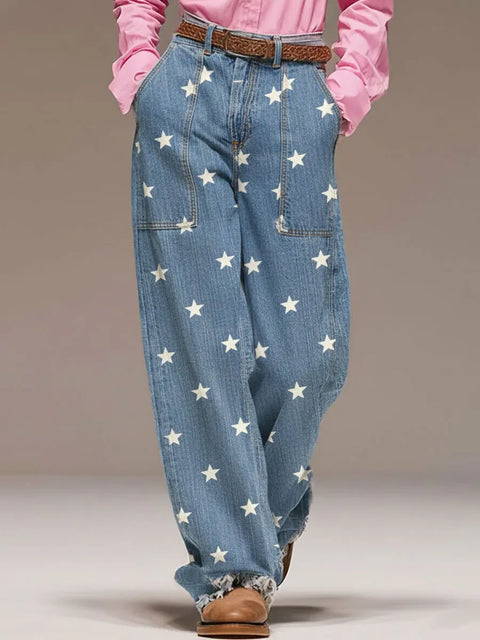 Women's Star Print High-waisted Casual Wide-leg Jeans
