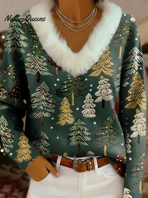 Christmas Tree Print White Faux Rabbit Fur V-neck Pullover
