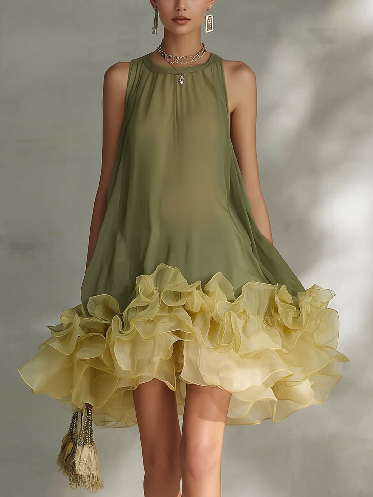 Color-block Chiffon Sleeveless A-line Dress With Ruffled Hem