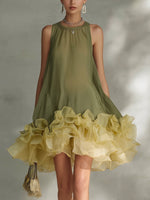 Color-block Chiffon Sleeveless A-line Dress With Ruffled Hem