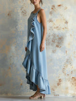 Women's Retro Ruffled Art Stylish Button Casual No Sleeve Denim Dress