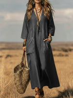 Casual V-neck Patch Pockets Denim Dress