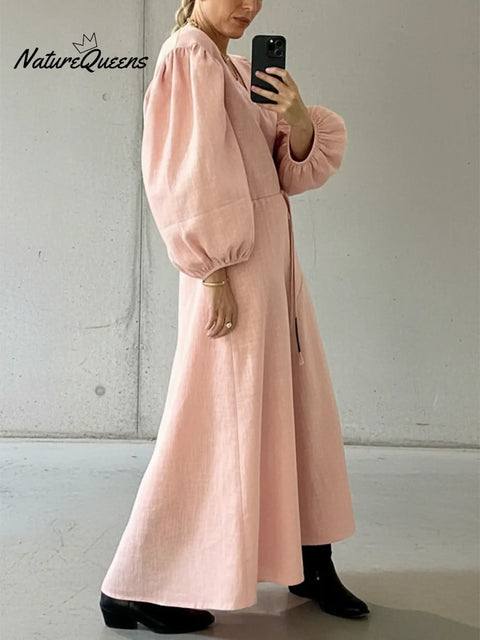 Elegant V-neck Puff Sleeve Adjustable Drawstring Linen Dress