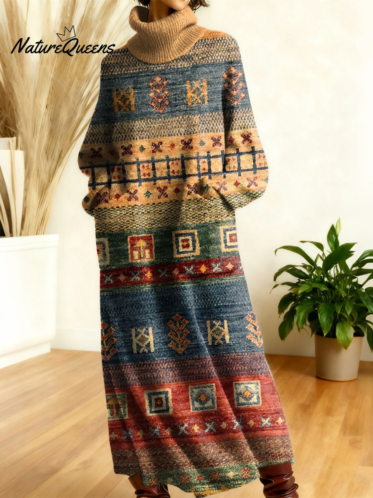 Women's Retro Geometry Colorful Square Stripe Art High-neck Long-sleeve Casual Loose Knit Dress