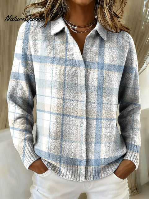 Blue Geometric Checkered Pattern Casual Shirt Collar Long Sleeve Sweater