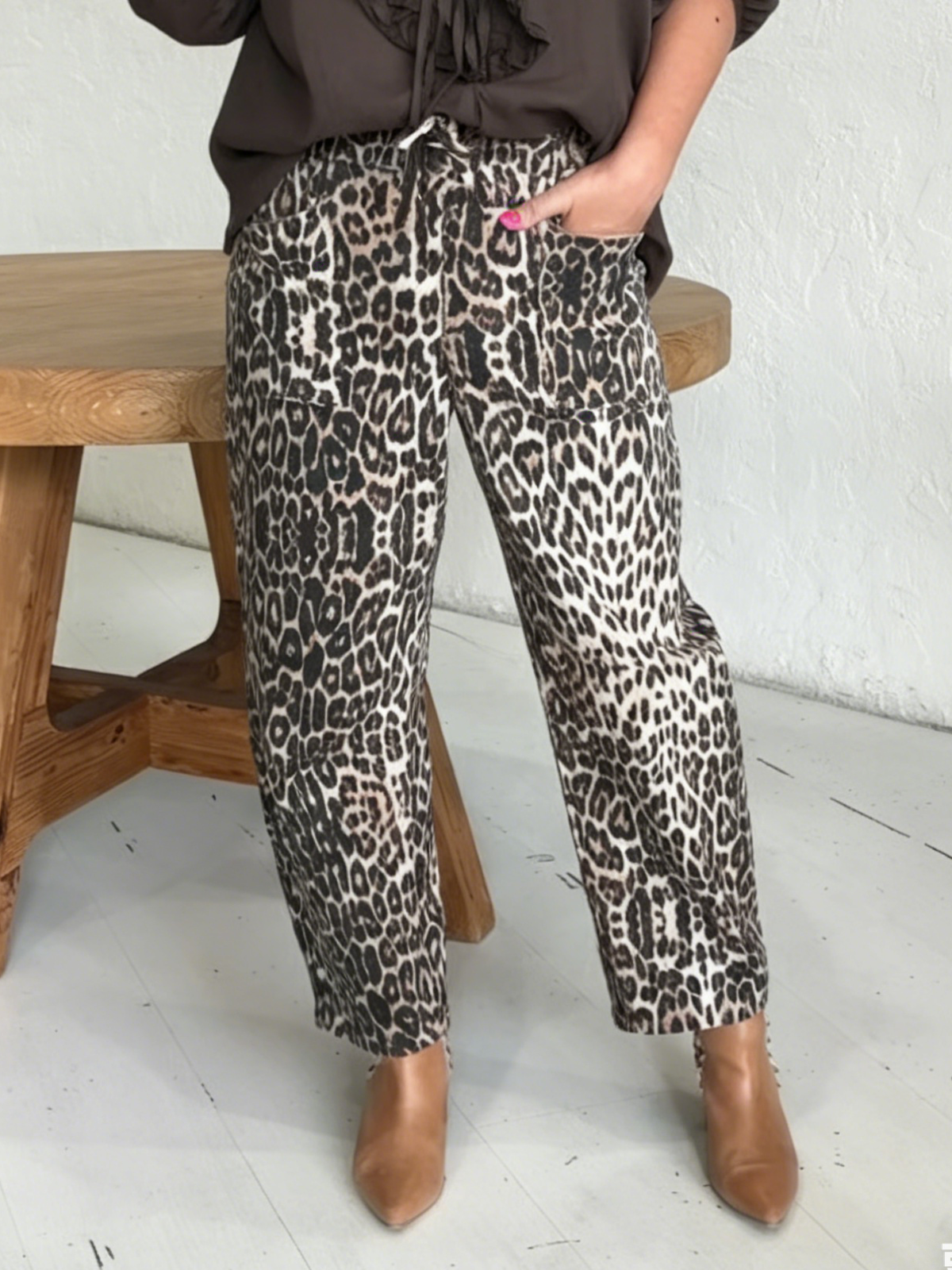 Casual Cozy Leopard Print Stretch Cotton Straight Leg Pants