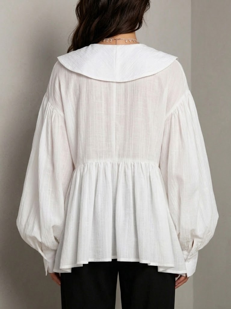 Women's Doll Collar Puff Sleeve Cinched Waist White Shirt
