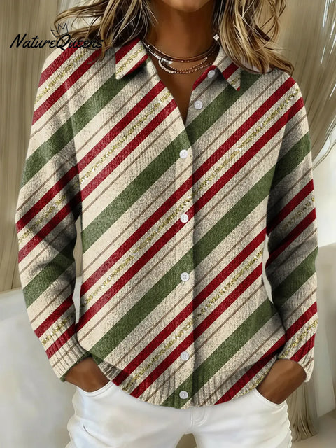 Women's Diagonal Stripes Printed Collared Sweater