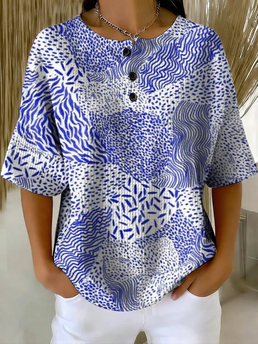 Women's Abstract Pattern Art Print Casual Waffle Cotton Shirt