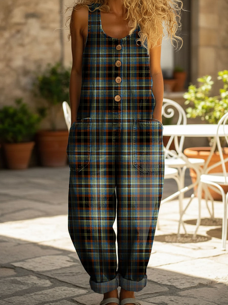 Women's Retro Plaid Print Casual Denim Jumpsuit