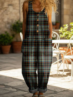 Women's Retro Plaid Print Casual Denim Jumpsuit
