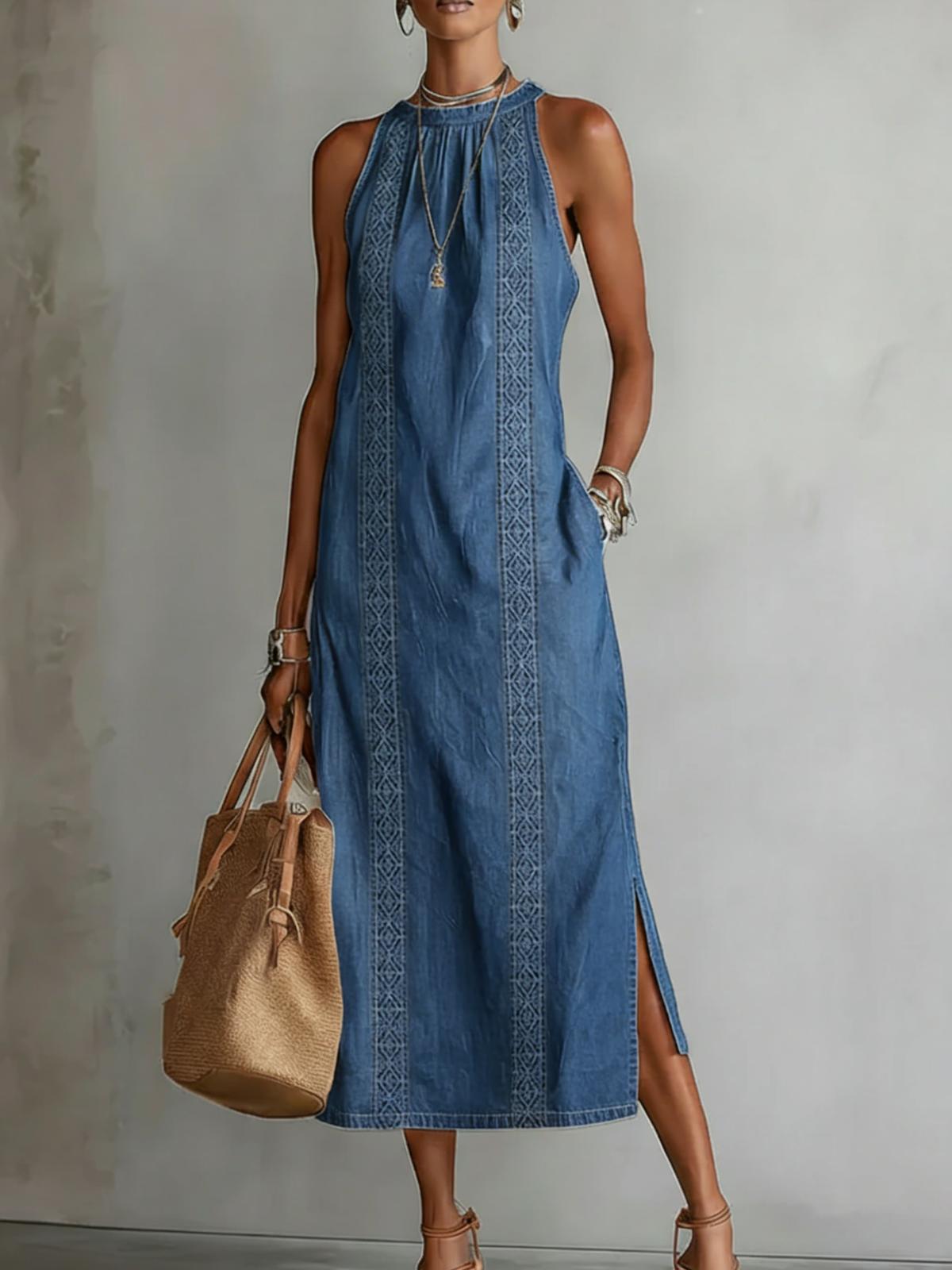 Retro Cozy Lace Print Denim Midi Dress