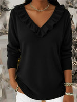 Elegant V-neck Ruffled Knit Pullover Sweater