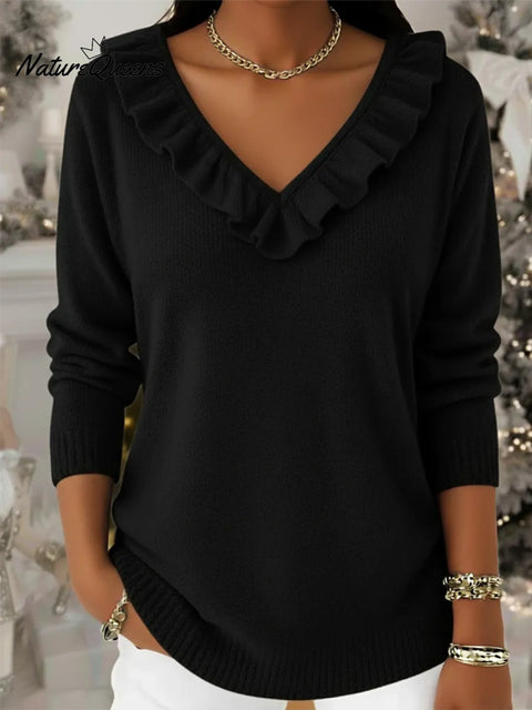 Elegant V-neck Ruffled Knit Pullover Sweater