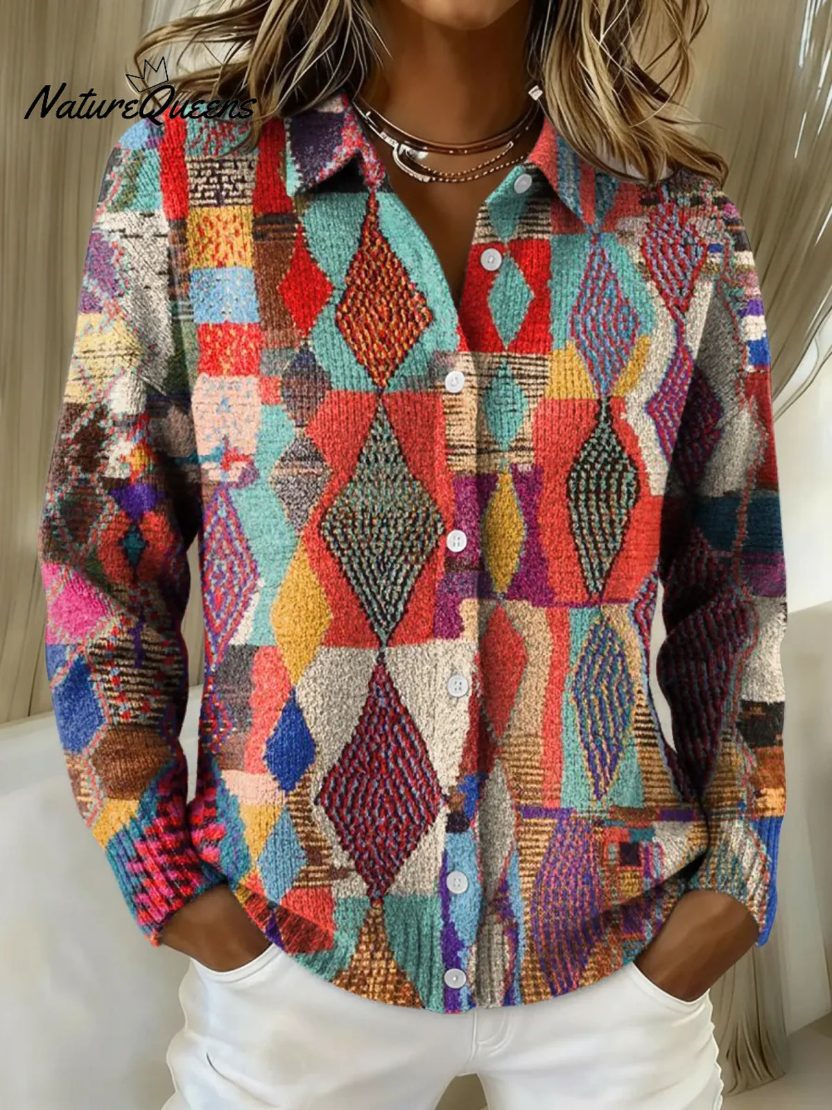 Women's Vintage Abstract Pattern Collared Sweater