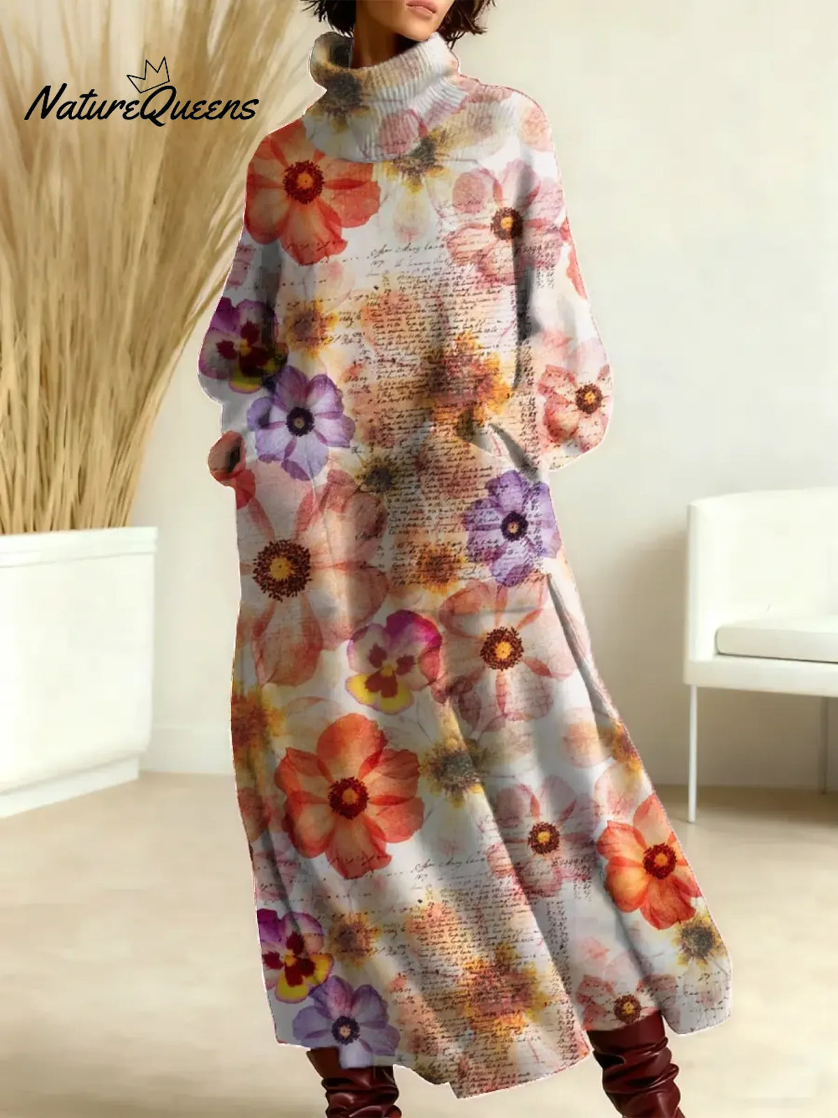 Women's Floral Pattern Art Print Casual Cotton Knitted Dress