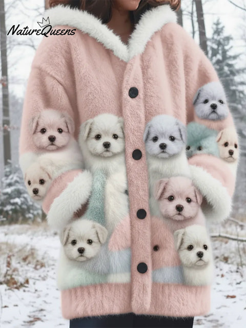 Winter Forest Cute Puppy Mink Fleece Button Coat