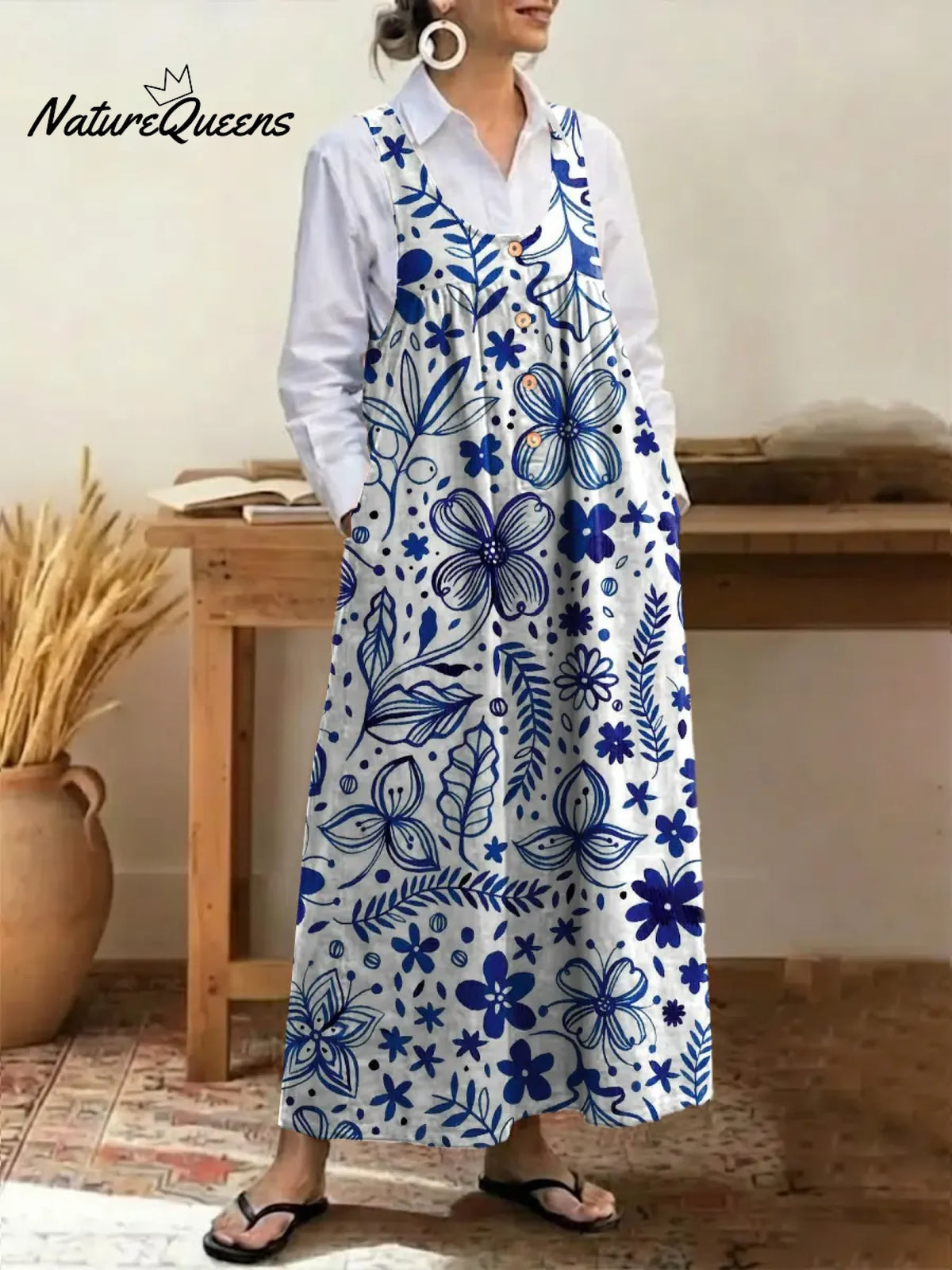 Women's Retro Floral Print U-neck Sleeveless Casual Loose Cotton Vest Dress