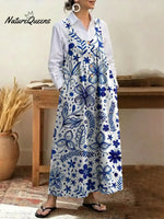 Women's Retro Floral Print U-neck Sleeveless Casual Loose Cotton Vest Dress